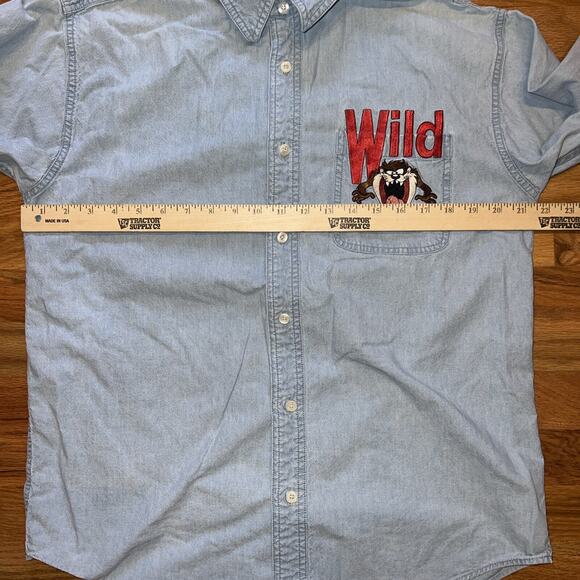 Vintage Warner Bros Button Up Taz WILD Denim Long Sleeve Shirt Mens Size Medium - Picture 6 of 10
